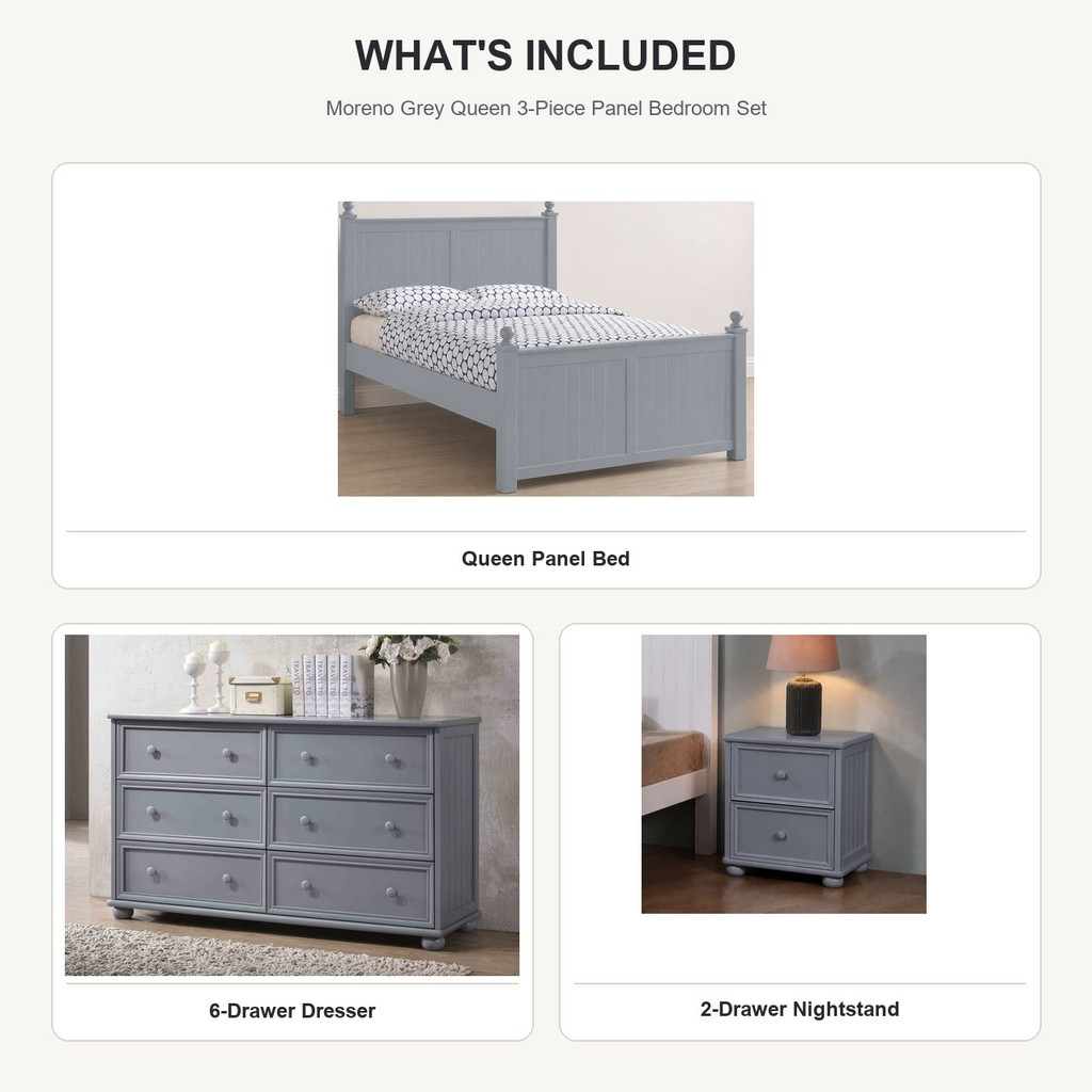 What's included in the Moreno Grey Queen 3-Piece Panel Bedroom Set