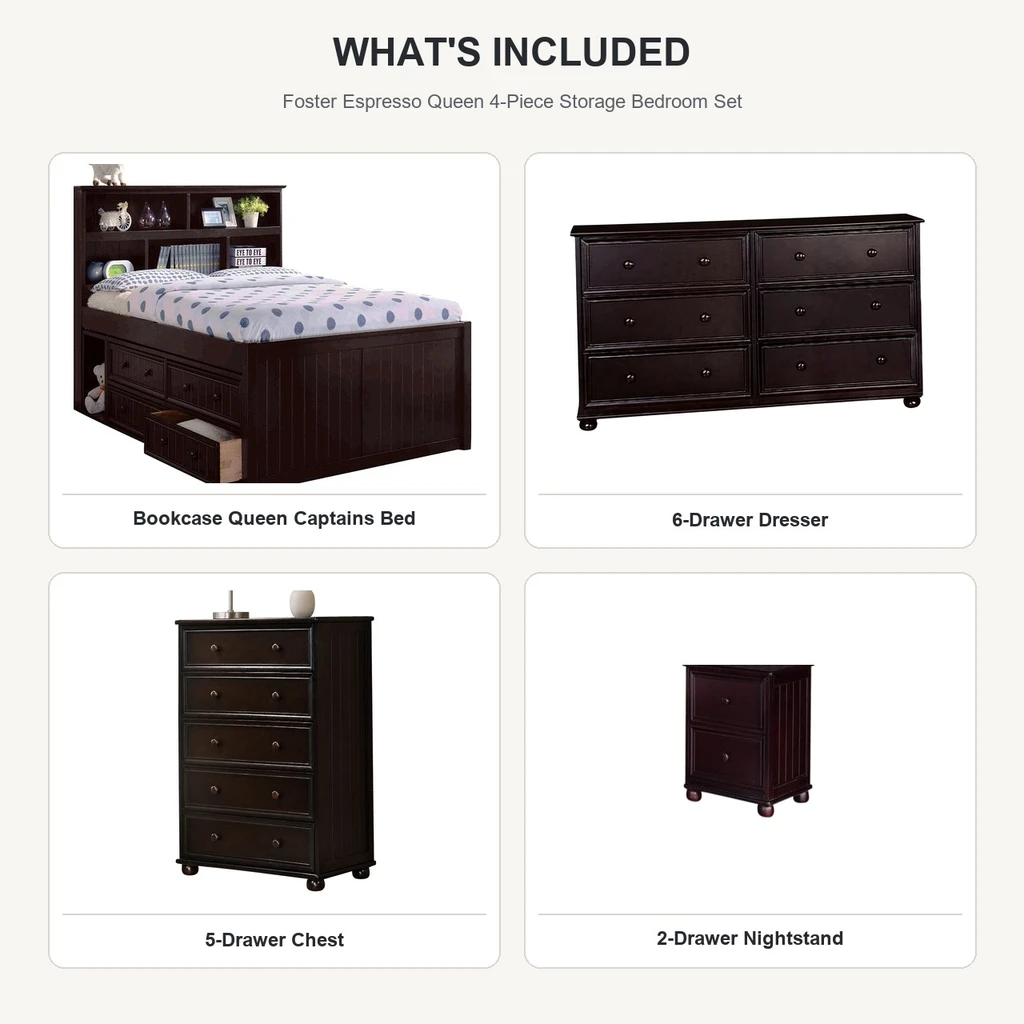 What's included in the Foster Espresso Queen 4-Piece Storage Bedroom Set