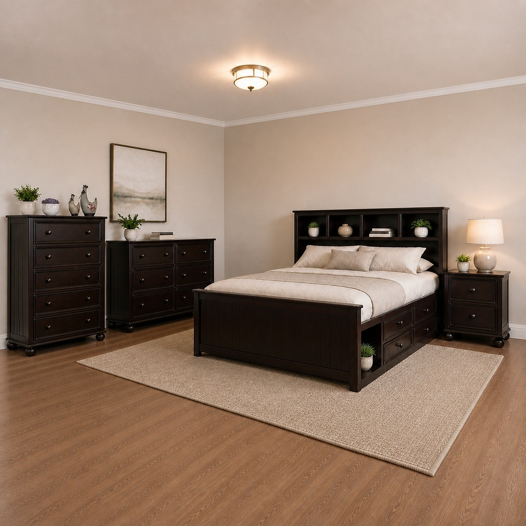 Foster Espresso Queen 4-Piece Storage Bedroom Set arranged in a bedroom