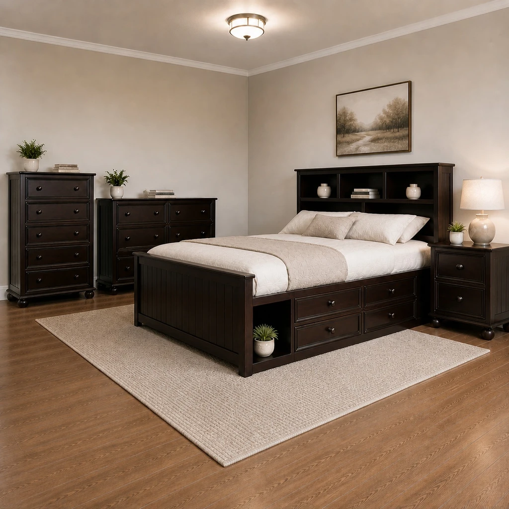 Foster Espresso Queen 4-Piece Storage Bedroom Set shown in an alternate bedroom layout