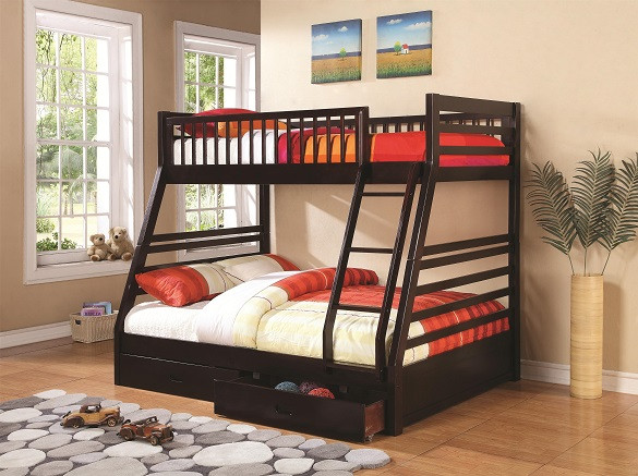 Aiden Cappuccino Twin over Full Bunk Bed with Storage Right Side Angled View Room