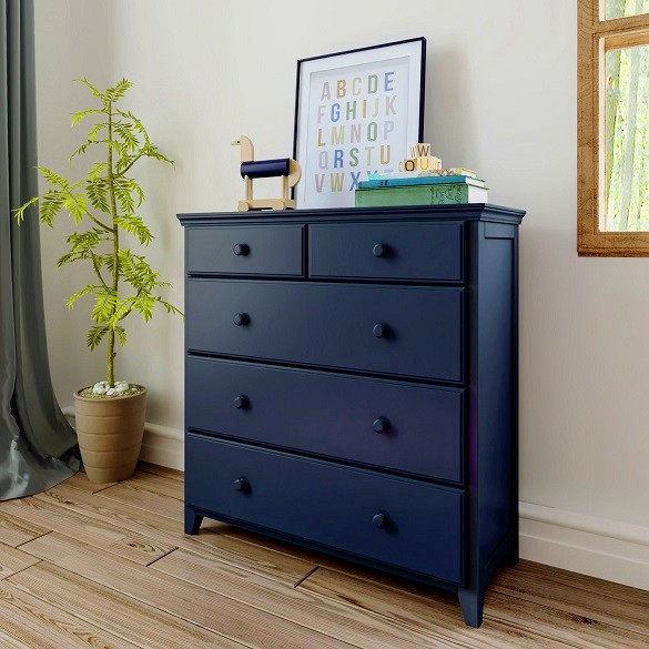 Baldwin Blue 5 Drawer Chest Angled View Room