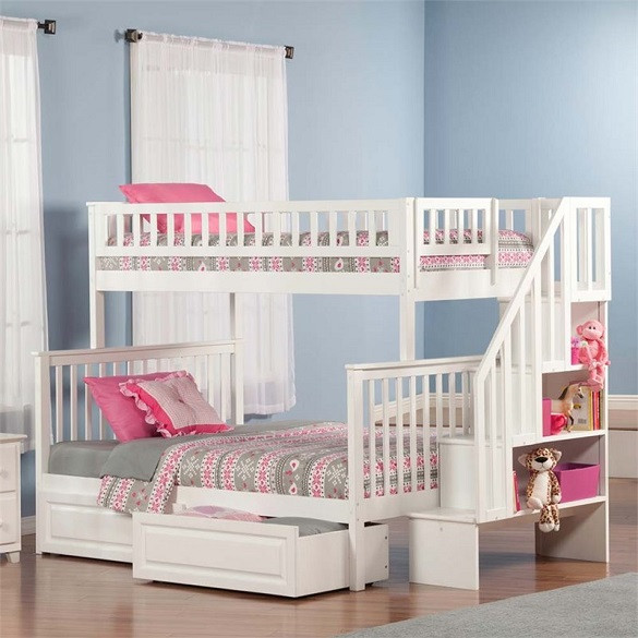 Natalie Marie White Twin over Full Kids Bunk Beds with Stairs shown with Optional Set of 2 Under Bed Storage Drawers