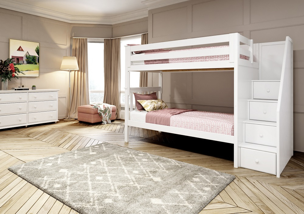 Anaya White Twin Bunk Beds with Stairs Angled View Room