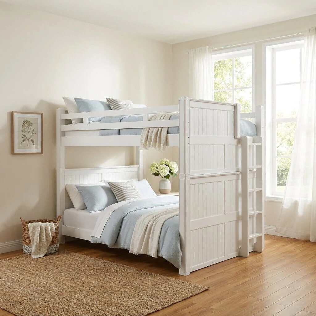White queen bunk bed in a bright guest bedroom
