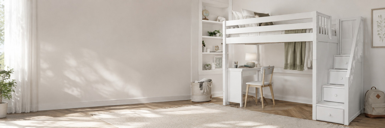 White loft bed with a staircase, desk, and storage in a bright bedroom