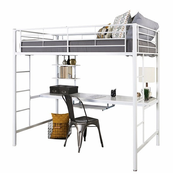 Nova White Metal Loft Bed with Desk