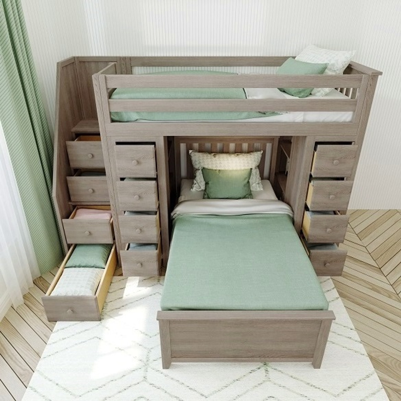 Kivik Sand Twin Size Storage Loft Bed with Stairs
