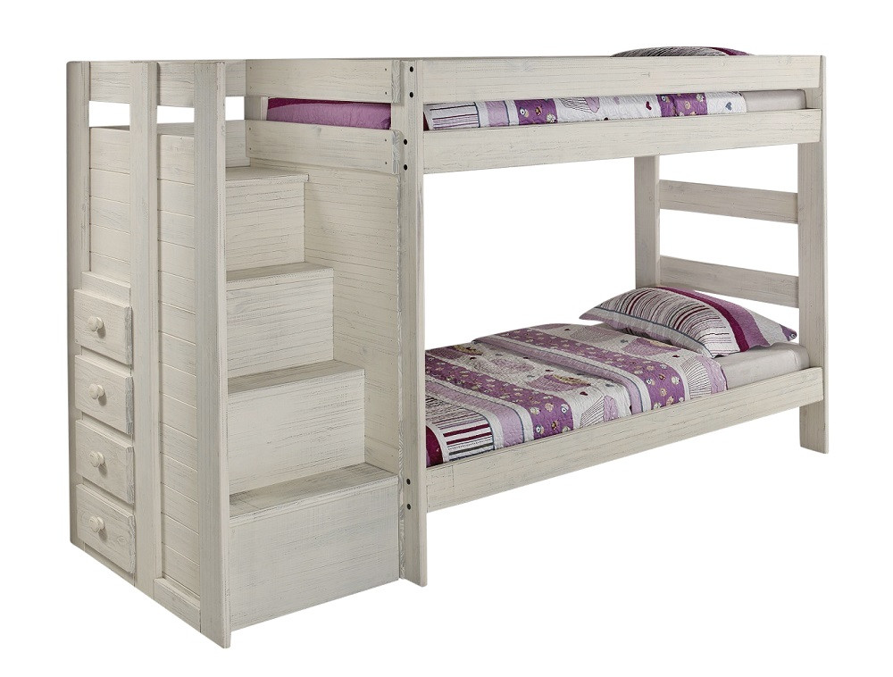 Melody Antique White Twin XL Bunk Bed with Steps
