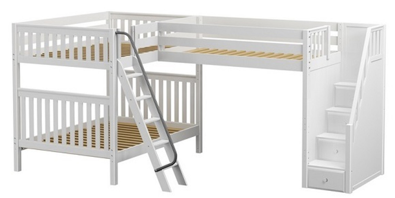 Full + Twin High Corner Loft Bunk with Angled Ladder and Stairs