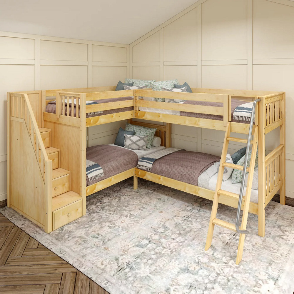 Calumet Natural Sleeps 4 Twin L-Shaped Bunk Beds with Stairs &mdash; angled room view