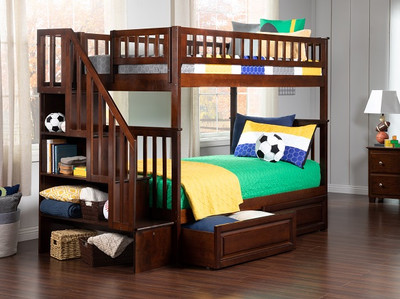 Samson Walnut Twin Size Kids Bunk Beds with Stairs shown with Optional Set of 2 Under Bed Storage Drawers