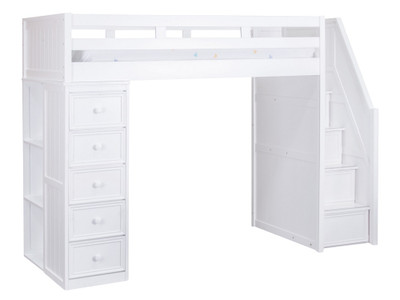Post White Twin Loft Bed with Stairs and Storage