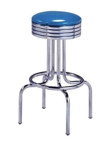 Helene Retro Swivel Bar Stool shown with Space Blue Vinyl and Optional Blue Grooved Seat Ring Stripes