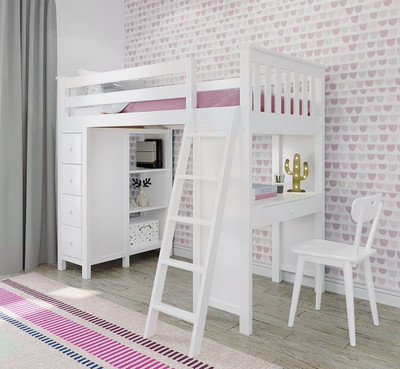 Chelsea White Twin Loft Bed with Desk and Storage Room