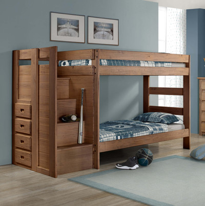 Hemet Mahogany Brown Twin XL Bunk Bed with Steps sports themed