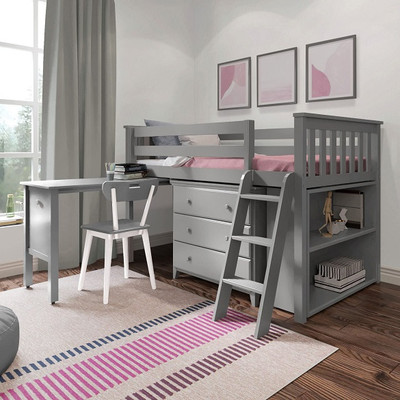Almere Gray Twin Low Loft Bed with Desk and Dresser Angled View Desk Out Room