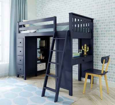 Baldwin Blue Twin Loft Bed with Desk and Storage Room