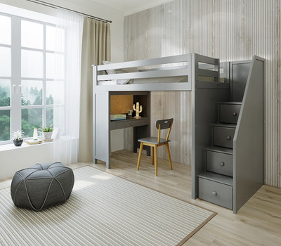 Rylan Gray Twin Loft Bed with Stairs and Desk Angled View Room