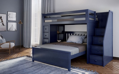 Baldwin Blue Twin over Full L Shaped Bunk Beds with Storage Stairs on Right Room