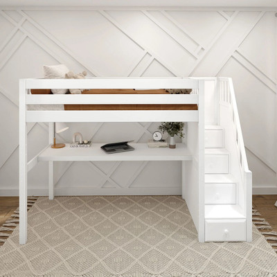 Haylee White Twin Loft Bed with Stairs and Desk Front View Room