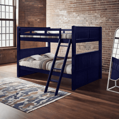 Annapolis Blue Queen Size Bunk Beds with Optional Set of 2 XL Underbed Storage Drawers with Cubby in room with brick rug and mirror