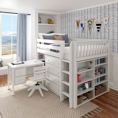 McQwinn White Full Size Junior Loft Bed with Desk and Storage-Slatted Ends Room