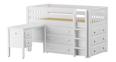 Madeline White Low Twin Loft Bed with Desk and Storage-Slatted Ends Angled View