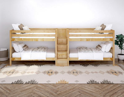 Melrose Natural Twin Size Quadruple Bunk Bed with Stairs-Front View-Slatted Ends