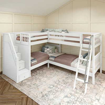 Calumet White Sleeps 4 Twin L Shaped Bunk Beds with Stairs-Slatted Ends Angled View Room