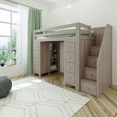 Kivik Sand Twin Size Storage Loft Bed with Stairs Angled View Room