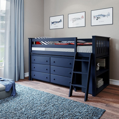 Baldwin Blue Twin Low Loft Bed with Storage Angled View Room