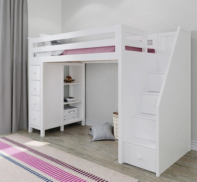 Chelsea White Twin Loft Bed with Stairs Room