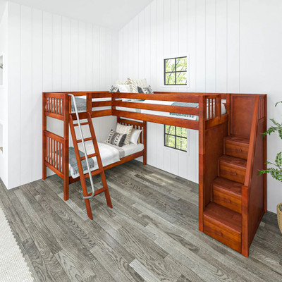 Elkhart Chestnut Twin Sleeps 3 Bunk Beds with Stairs-Slatted Ends Angled View Room