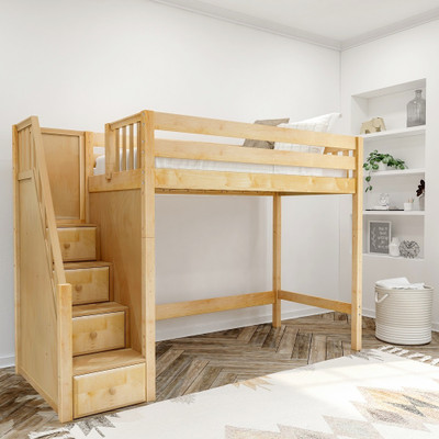 Declan Natural Twin Loft Bed with Stairs Angled View Room
