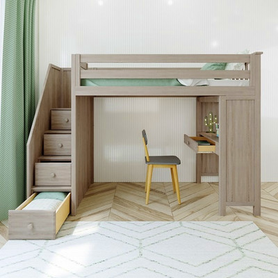 Inez Sand Twin Loft Bed with Stairs and Desk Front View Drawers Open Room