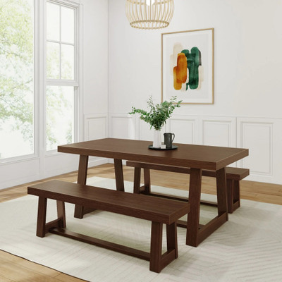 Riley Walnut Dining Room Table and Bench Angled View Room