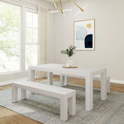 Rockport Distressed White Dining Table with Bench Angled View Room