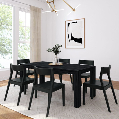 Rockport Distressed Black Dining Table Set Angled View shown with Black Chairs Room