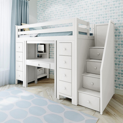 Mara White Staircase Storage Loft Bed with Desk Angled View Room