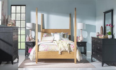 Harper Valley Natural Full Size Four Poster Bed shown with Crossroads Black Case Pieces Room