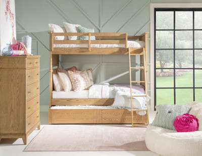 Harper Valley Natural Twin Bunk Beds shown with Optional Twin Storage Trundle Room