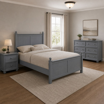 Moreno Grey Queen 3-Piece Panel Bedroom Set arranged in a bedroom