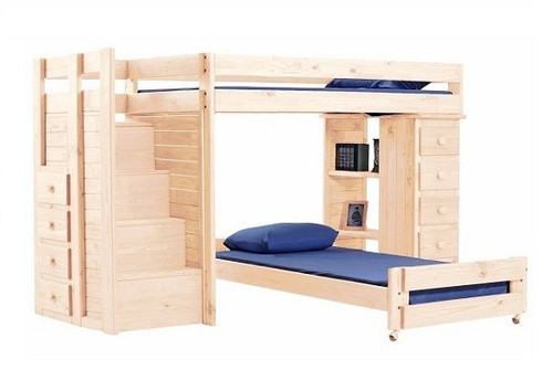 Hemet Unfinished Twin L Shaped Storage Loft Bed with Steps
