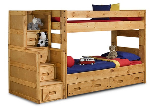 Harley Cinnamon Twin over Twin Wooden Bunk Beds with Stairs shown with Optional Set of 2 Underbed Drawers