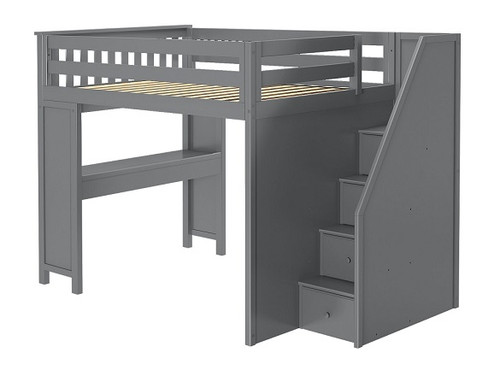 Rylan Gray Full Size Loft Bed with Desk Right Side Angled View Stairs on Right