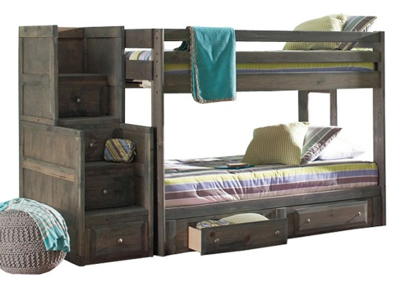 Carmichael Gray Twin Wooden Bunk Beds with Stairs shown with Optional Set of 2 Under Bed Storage Drawers