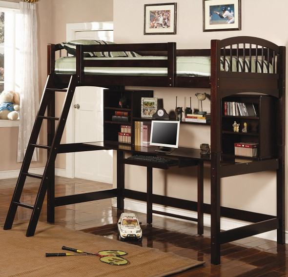 Leon Cappuccino Twin Loft Bed with Desk Room