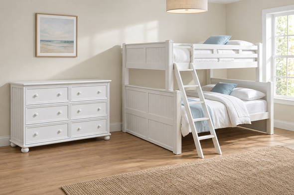 Beatrice White Full-over-Queen Bunk & Dresser Bedroom Set — Hero lifestyle — Base set: bunk with included access and one six-drawer dresser. No Underbed Item. Mattresses, bedding and decor are not included.