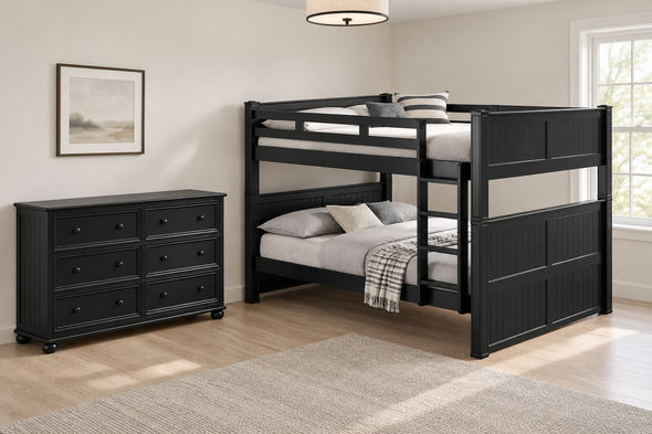 Eberhardt Black Full XL Bunk & Dresser Bedroom Set — Hero lifestyle — Base set: bunk with included access and one six-drawer dresser. No Underbed Item. Mattresses, bedding and decor are not included.